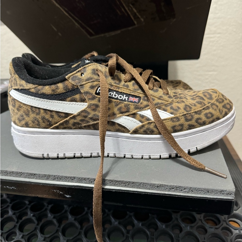 Women Reebok Club C Double Revenge Leopard Print Shoes Brown Black White FW7952